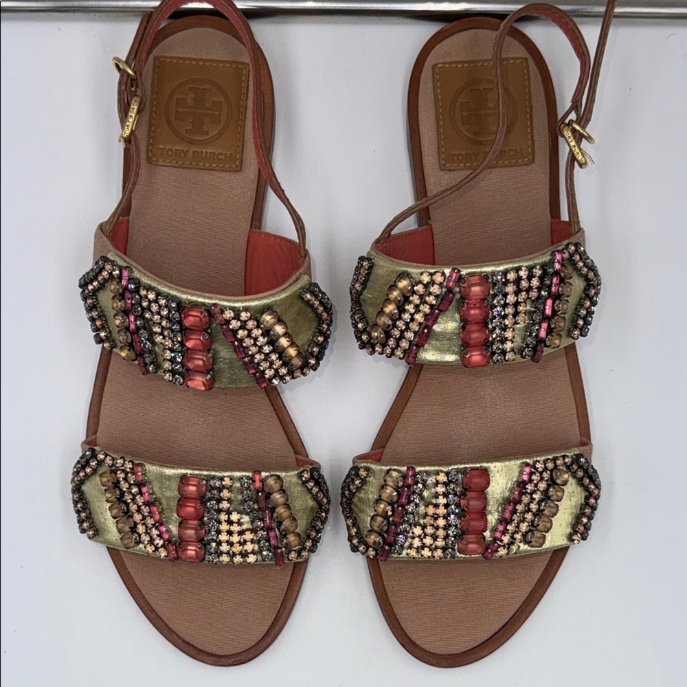Tory Burch Gold Jeweled Strappy Sandals - Picture 16 of 16